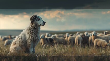 A shepherd's faithful sheepdog keeping watch over the flock as they graze peacefully in a vast open field