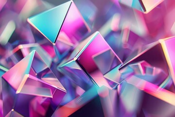 An array of 3D geometric shapes in a trendy, holographic color scheme