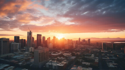 The cityscape during a vibrant sunrise,