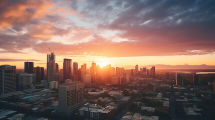 Obraz premium The cityscape during a vibrant sunrise,