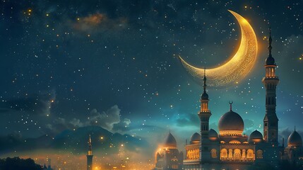 A stunning Eid Mubarak card decorated with elegant arabesque motifs and a majestic golden crescent moon shining against a starry night sky