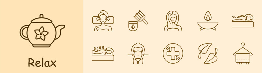 Relax set icon. Tea, tea ceremony, facial massage, acupuncture, cream, oils, healthy and strong hair, aroma candle, stone therapy, towel, weight loss, cross, traditional medicine. Sauna concept.