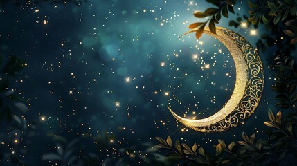 Obraz na płótnie Canvas A stunning Eid Mubarak card decorated with elegant arabesque motifs and a majestic golden crescent moon shining against a starry night sky