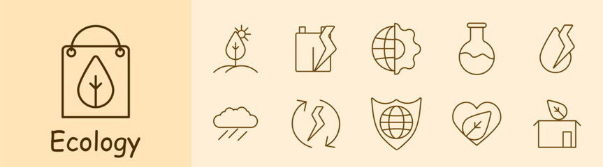 Ecology set icon. Package, sprout, foliage, plastic recycling, symbiosis of nature and man, earth, flask, moly, rain, cycle, conversion, shield, protecting planet, heart. Environment care concept.