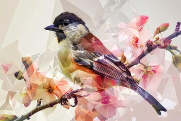 Birds and flowers are composed entirely of geometric shapes, creating a modern natural scene