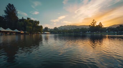 Fototapeta premium Tranquil water surface reflects a dramatic sunset sky over lush distant hillsides for backdrop use.