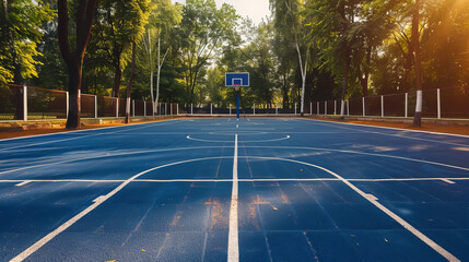 Sunlit empty basketball court in a serene park setting