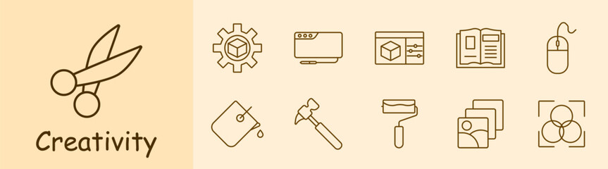 Creativity set icon. Scissors, artist, visual designer, artist, painter, gear, square, paint bucket, fill, hammer, roller, cartooning, book, mouse, photo layers, color correction. Creation concept.