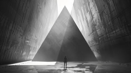 Silhouetted figure stands before a massive triangular structure - obrazy, fototapety, plakaty