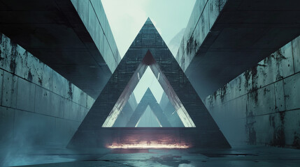 Mystical triangle structure with eerie fog and ethereal glow