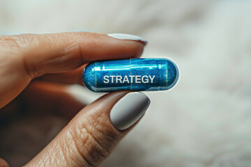 Close-up view of a blue strategy pill held between fingers