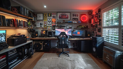 Cozy high-tech gamer room with stylish interior and vibrant lighting