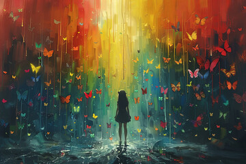 Fototapeta premium Girl amidst vivid butterflies under a magical rainbow shower