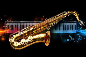 Colorful saxophone and piano with dynamic musical notes