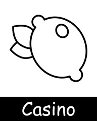 Casino set icon. Coin, check, win, bet, lemon, reward, chip, money, bet increase, risks, excitement, ardor, passion, black lines on white background. Gambling concept.