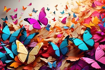 A vibrant and colorful background filled with a diverse array of fluttering butterflies, each one unique in its own way.
