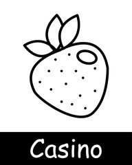 Casino set icon. Coin, check, win, bet, strawberry, reward, chip, money, bet increase, risks, excitement, ardor, passion, black lines on white background. Gambling concept.