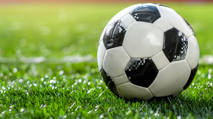 A soccer ball is sitting on a green field. The ball is white and black - obrazy, fototapety, plakaty