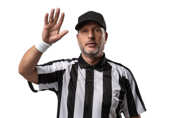 Football referee signaling a penalty, isolated on transparent background, png file