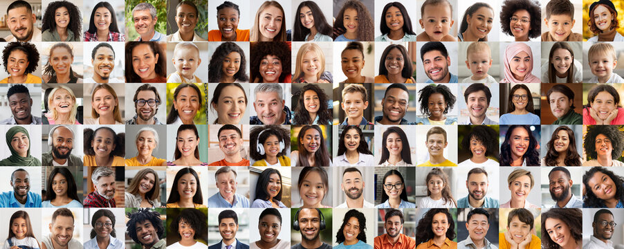 Capturing a collage of people, this portrait emphasizes diversity through a wide variety of hairstyles and fashion senses, representing diverse cultures