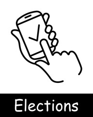 Elections set icon. Phone, online, vote, candidate support, silhouette, checkmark, people rights, statistics, ballot, black lines on white background, battle of opinions. Voting concept.