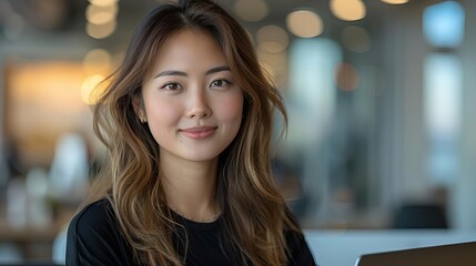 Obraz premium A young Asian woman is sitting in a cafe, smiling at the camera. She has long, wavy hair and is wearing a black t-shirt.