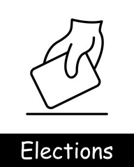 Elections set icon. Statement, vote, candidate support, silhouette, people rights, statistics, ballot, black lines on white background, battle of opinions. Voting concept.