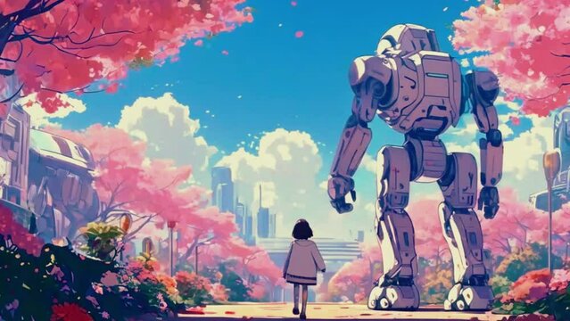 A robot walking a mechanical dog through a futuristic park filled with holographic trees and flowers, 4k High-Quality anime-style animation video