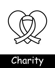 Charity set icon. Helping those in need, heart, fight against cancer, ribbon, maintenance, sustenance, humanitarian aid, financial support, black lines on white background. Helping concept.