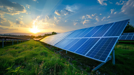 Eco-friendly technology in use at a solar power plant, technicians monitoring efficiency on digital devices,