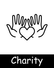 Charity set icon. Helping those in need, heart, palms, hands, maintenance, sustenance, cooperation, aid, humanitarian aid, financial support, black lines on white background. Helping concept.