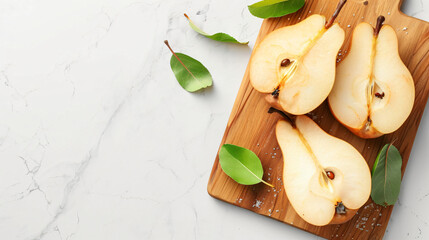 Wooden board with halves of tasty baked pears on white