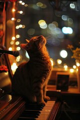 Cat is sitting on the piano and looking up at the lights. AI.