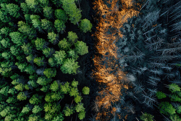 An aerial view of a forest after a wildfire, depicting a stark contrast between untouched green trees and charred tree stumps.

