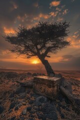A lone tree stands in the desert at sunset, next to a mysterious treasure chest. AI.