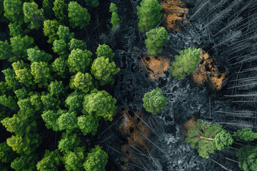 An aerial view of a forest after a wildfire, depicting a stark contrast between untouched green trees and charred tree stumps.

