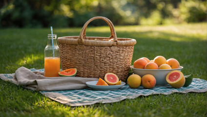 Summer Picnic Setup, Straw Sunhat, Cool Hydration, and Slices of Juicy Cantaloupe in Eco Tote. Atop Fresh Green Lawn Background.