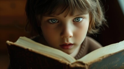 Close up of attractive child reading a book while looking at camera. Elementary student holding fairy tale novel book or bedtime stories with blurring background. Creative activity concept. AIG42. © InfiniteFlow