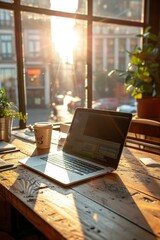 A laptop sits on a wooden table in front of a window. The sun shines through the window and creates a warm glow. AI.