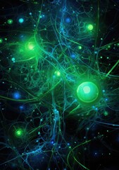 Glowing green and blue neurons firing in the brain. AI.