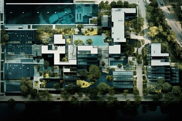 Futuristic city buildings with green courtyards. AI.