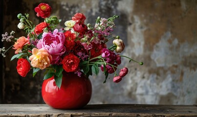 A beautiful bouquet of flowers in a red vase. AI.