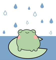Cute frog on a rainy day flat illustration.