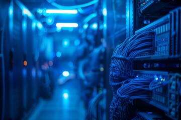 Rows of server racks with blinking lights in a data center. AI.