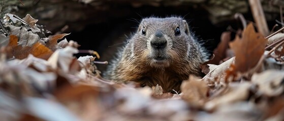 A groundhog peeks out of its burrow. AI.