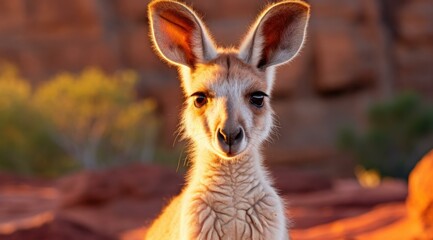 A cute baby kangaroo is looking at the camera with big eyes. AI.