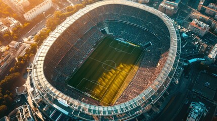 Aerial view of a soccer stadium during a match. AI.