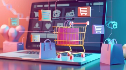 online shopping logos shopping cart and laptop, online shopping interface