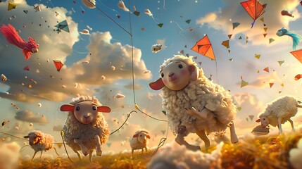 A whimsical scene of sheep flying kites in the sky, their woolly coats fluttering in the breeze as they enjoy the festivities of Eid al-Adha - obrazy, fototapety, plakaty