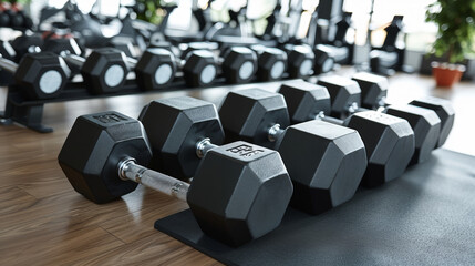 A row of black dumbbells are lined up on a wooden floor. The dumbbells are all the same size and weight, and they are all facing the same direction. Concept of order and organization